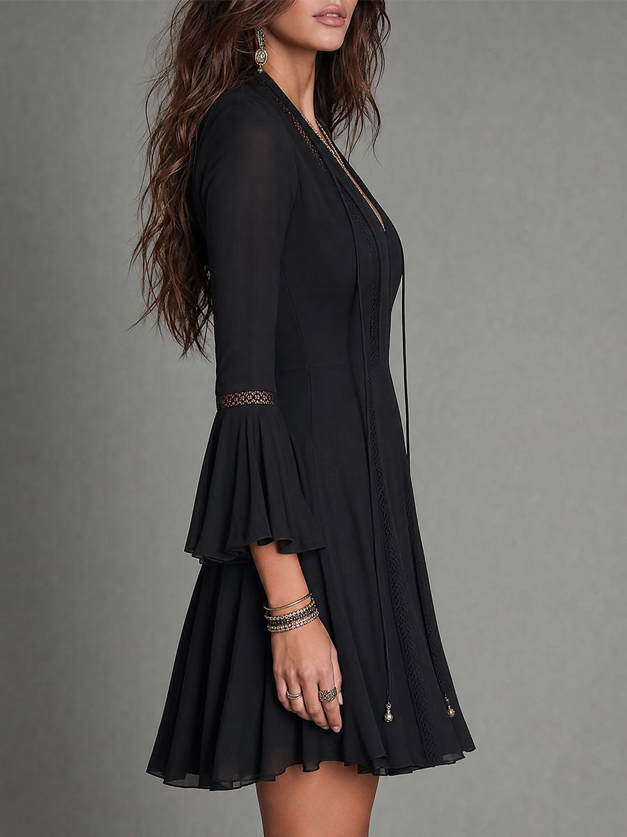 Vintage-style Tie-neck A-line Mini Dress With Cutout Lace Trim