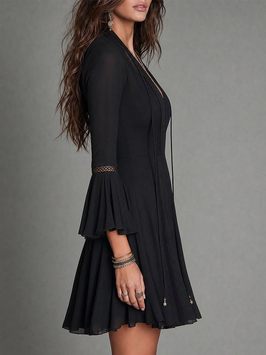 Vintage-style Tie-neck A-line Mini Dress With Cutout Lace Trim