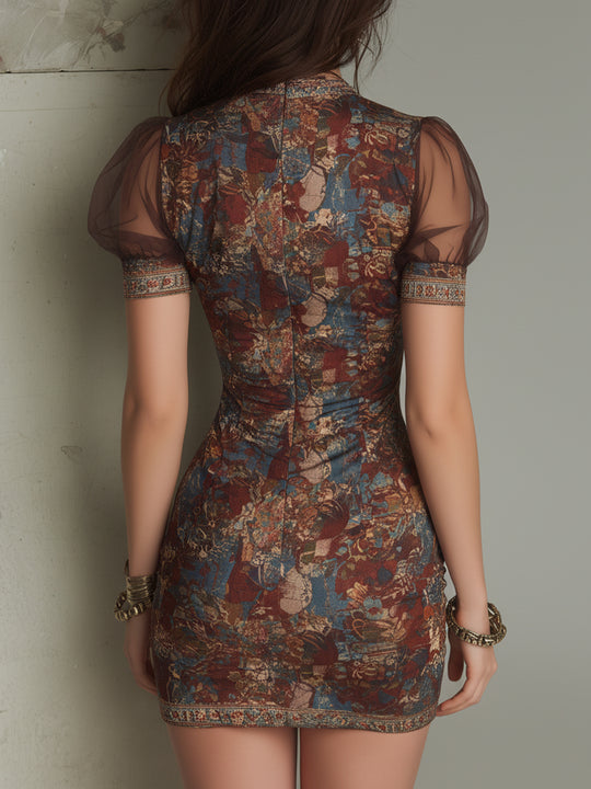 Retro Lace Trimmed Mesh Short-sleeved Slim Mini Dress