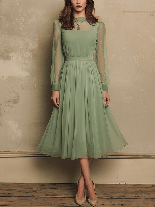Elegant Mesh-Sleeve Mint Green Flow Midi Dress