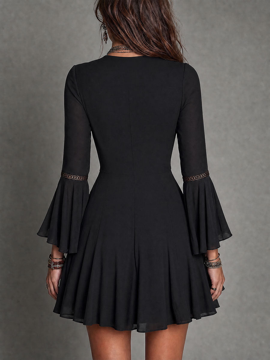 Vintage-style Tie-neck A-line Mini Dress With Cutout Lace Trim