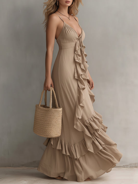 Boho Ruffle Trim Suspender Maxi Dress