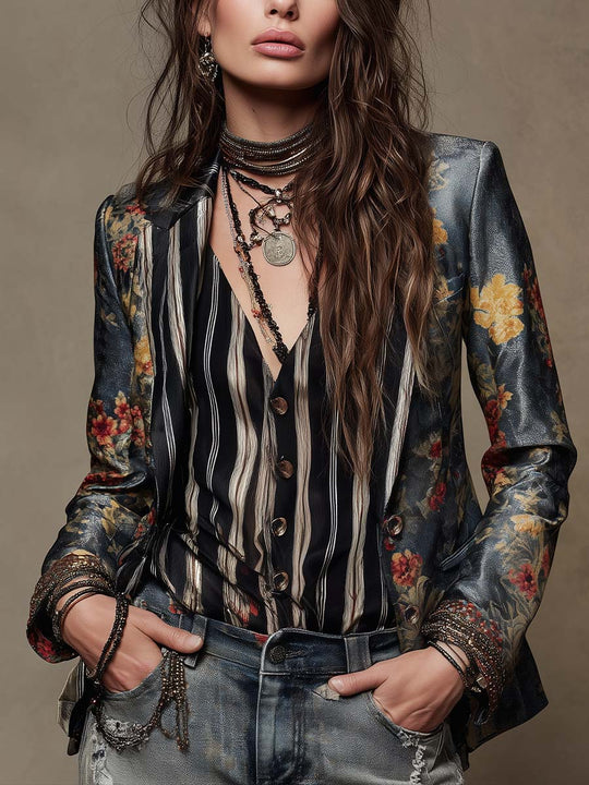 Floral Satin Print Tailored Blazer