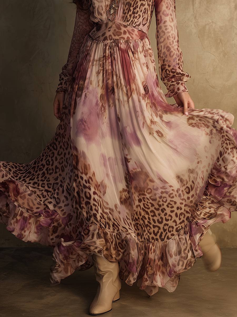 Romantic Boho Holiday Leopard Print Ruffle Hem Chiffon Maxi Dress