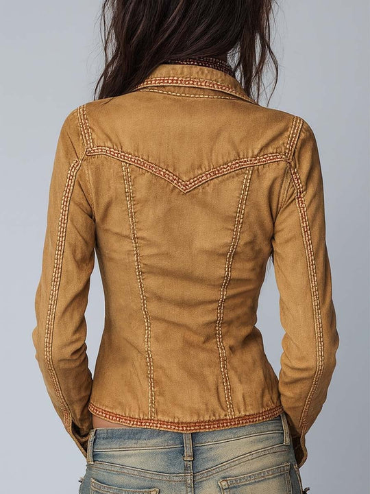 Slim-fit Vintage-style Washed Khaki Denim Jacket
