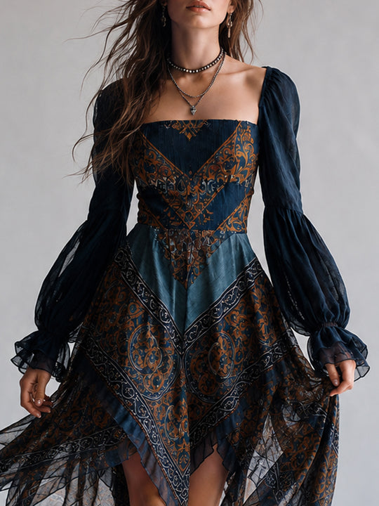 Bohemian Paisley Print Handkerchief Hem Dress