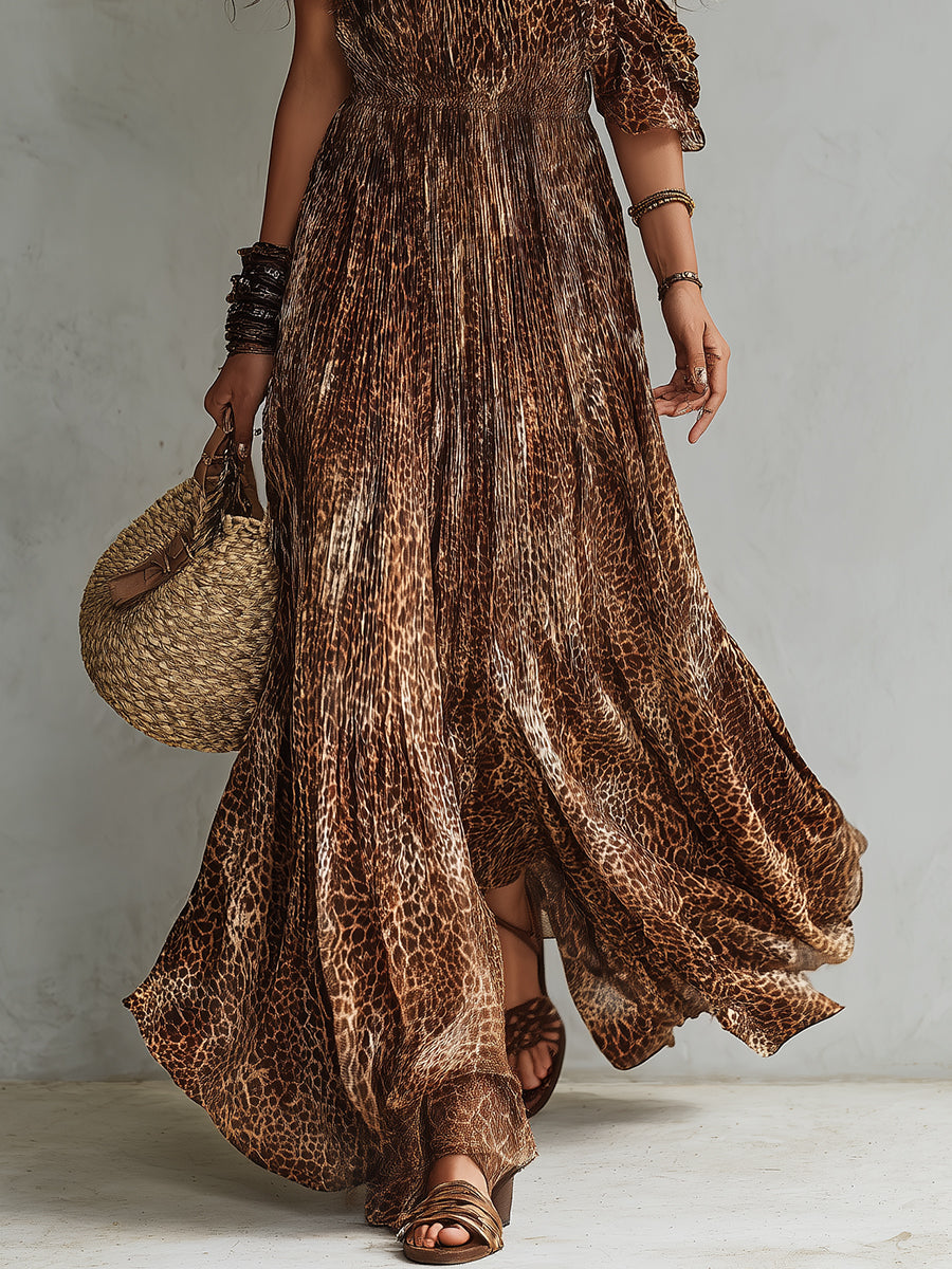 Boho One Shoulder Leopard Print Pleated Maxi Dress