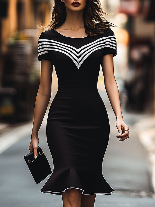 Elegant Stripe Short Sleeve Mermaid Bodycon Dress