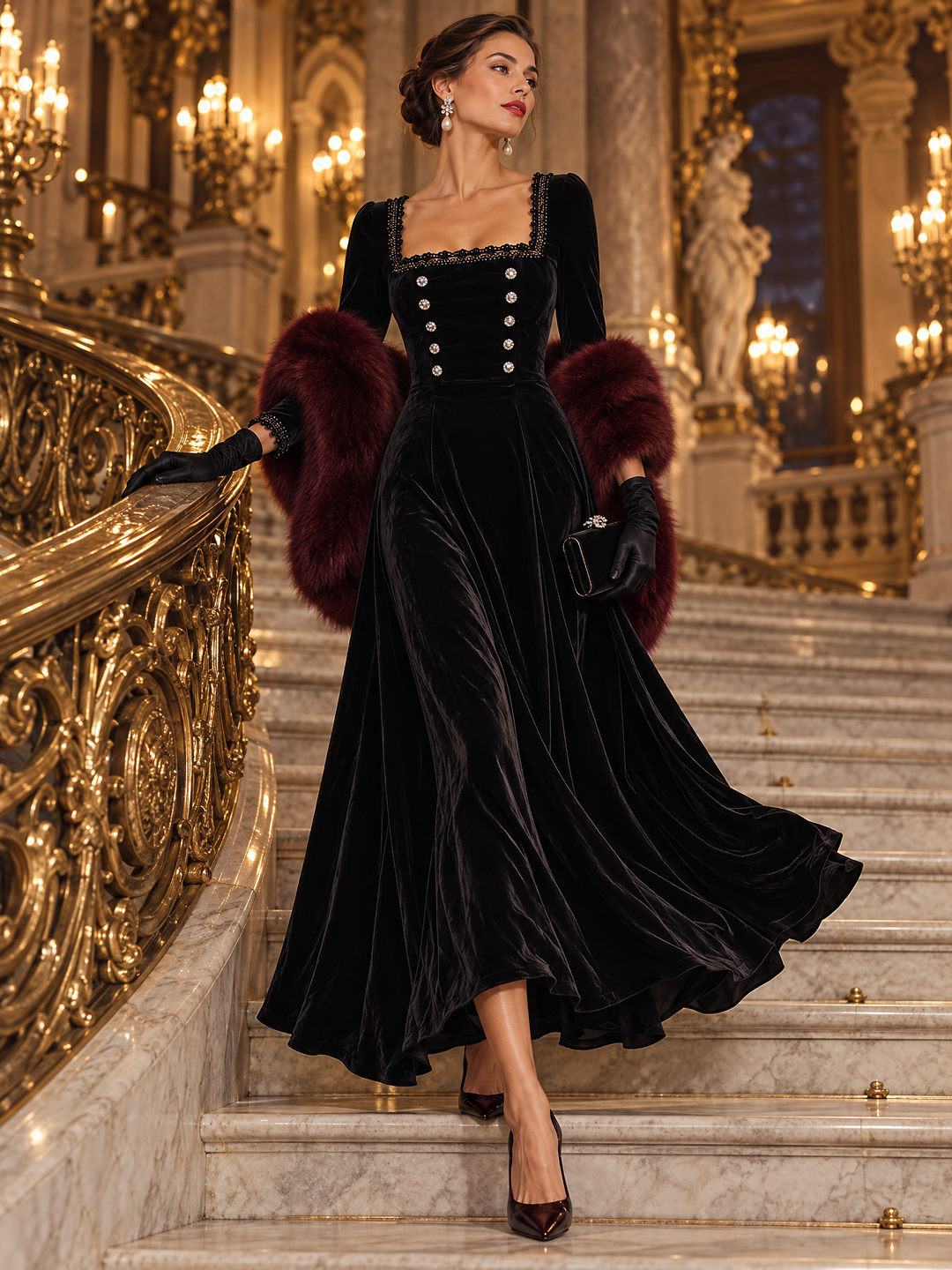 Elegant Black Velvet Square Neck Lace Trim Maxi Dress with Button Detail