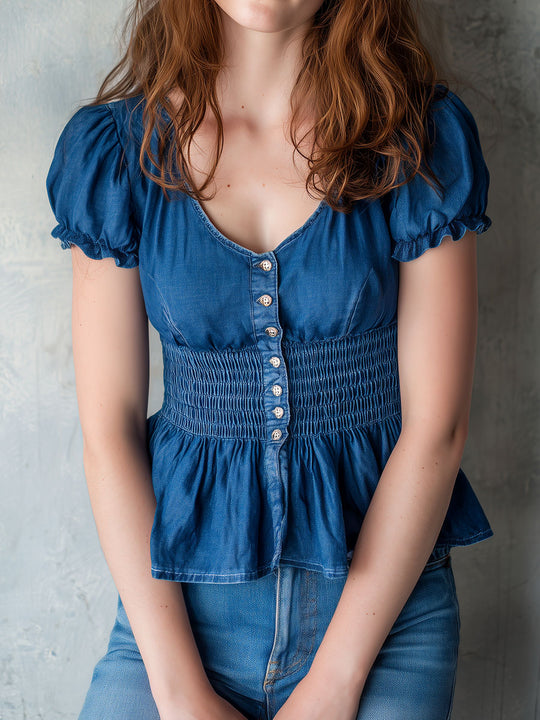 Vintage Blue Smocked Denim Puff Sleeve Blouse