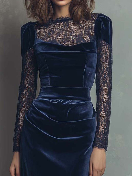 Navy Velvet Lace Midi Dress With Puff Shoulders