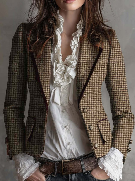 Vintage Tweed Houndstooth Tailored Blazer
