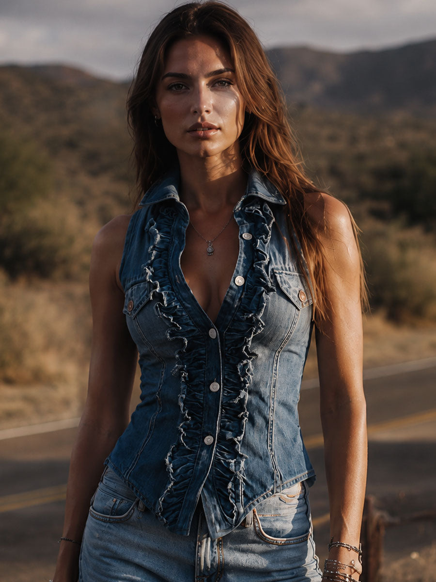 Vintage Blue Denim Ruffle Button Front Vest