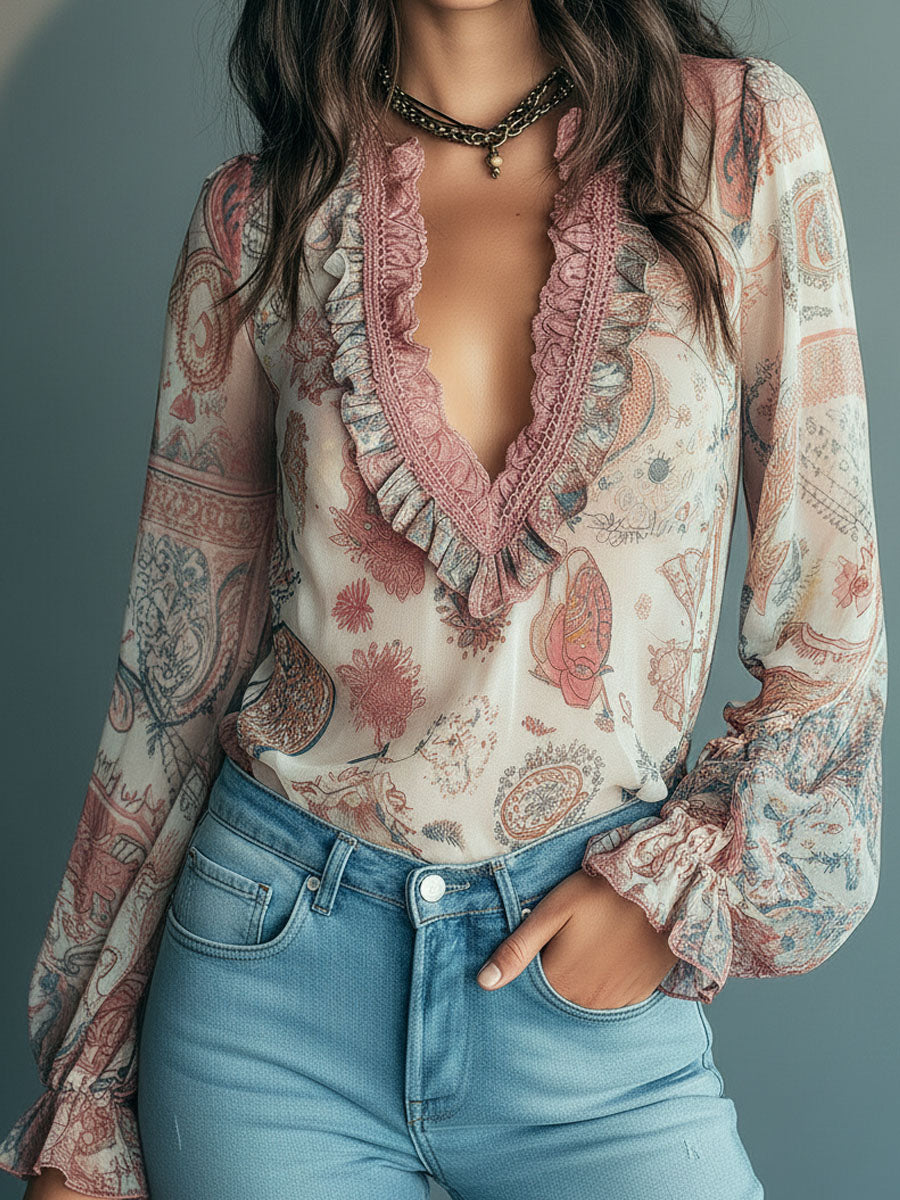 Vintage Bohemian Dusty Rose Lace Trim Chiffon Blouse