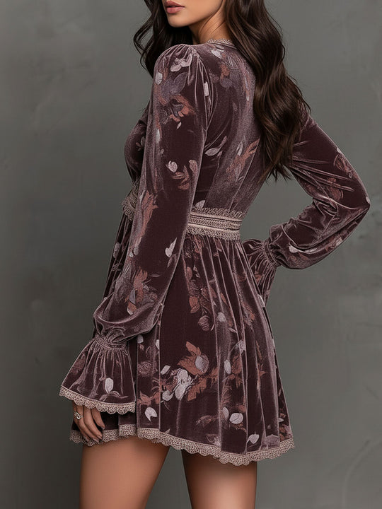 Boho Dusty Mauve Velvet Floral Mini Dress With Lace Trim