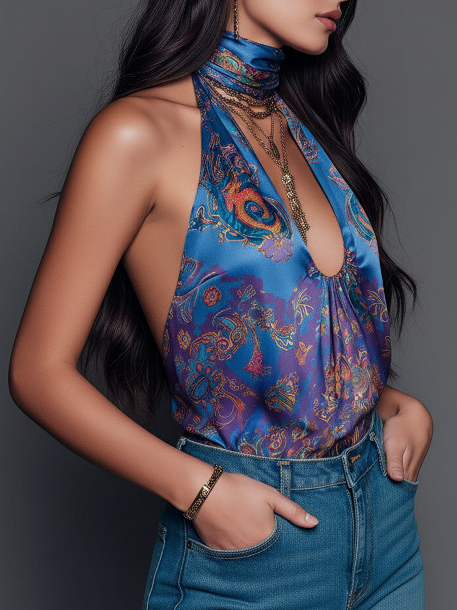 Boho Midnight Blue Baroque Print Satin Halter Blouse