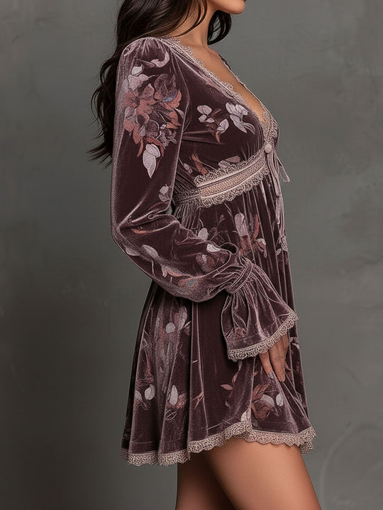 Boho Dusty Mauve Velvet Floral Mini Dress With Lace Trim