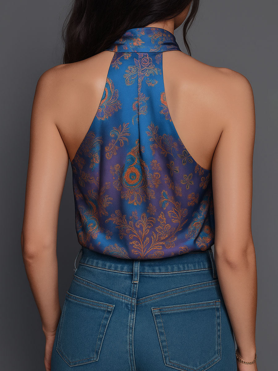 Boho Midnight Blue Baroque Print Satin Halter Blouse
