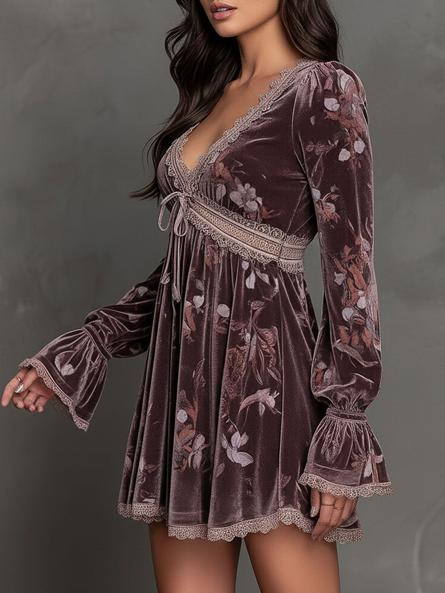 Boho Dusty Mauve Velvet Floral Mini Dress With Lace Trim