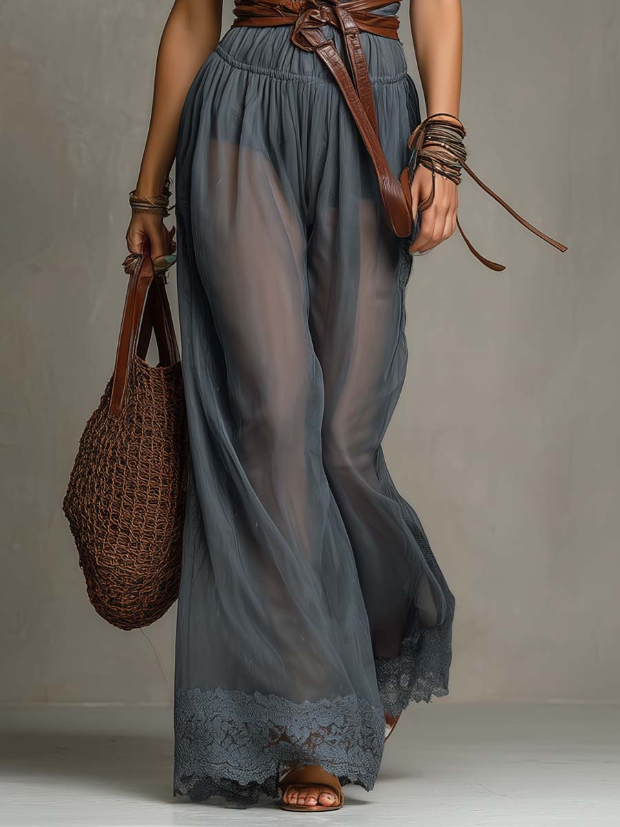 Smoky Blue Sheer Chiffon Halter Neck Lace Trimmed Jumpsuit