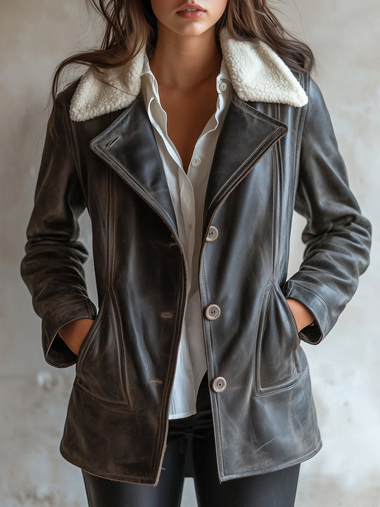 Vintage Removable Lambskin Collar Leather Coat