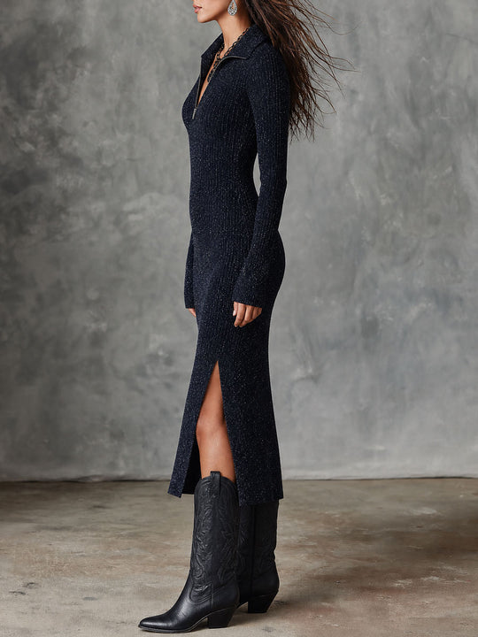 Retro Shiny Front Zipper Ribbed Knit Midi Dress Featuring Slit Hem
