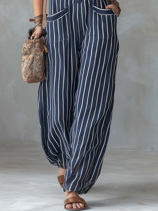 Retro Striped Cotton And Linen Jumpsuit