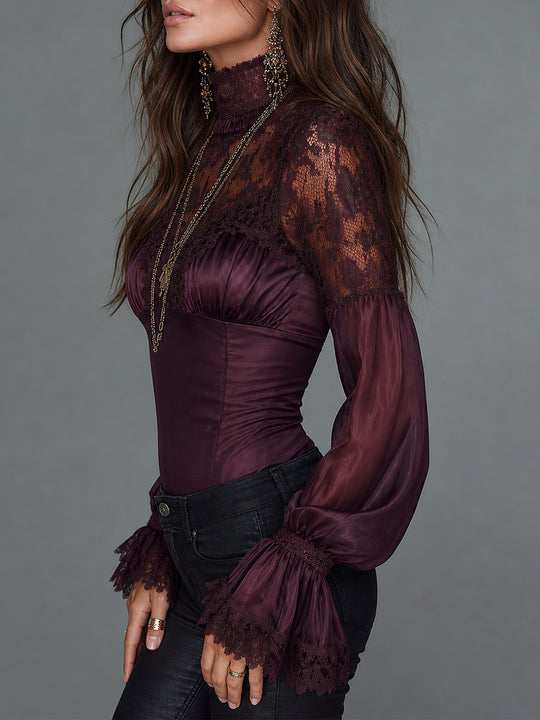 Vintage Lace Paneling Satin Blouse With Lantern Sleeves