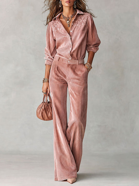 Boho Corduroy Lace-Trim Shirt & Wide-Leg Pants Set