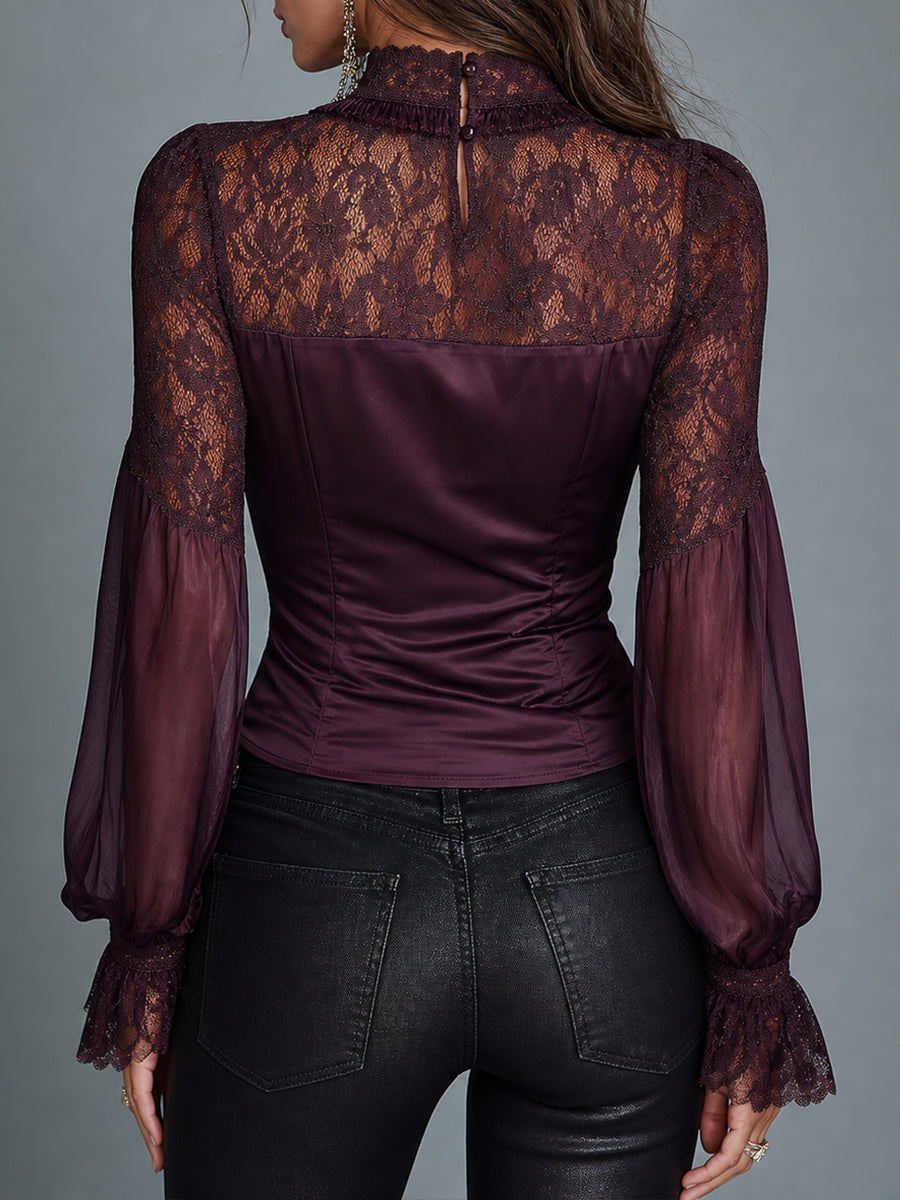 Vintage Lace Paneling Satin Blouse With Lantern Sleeves