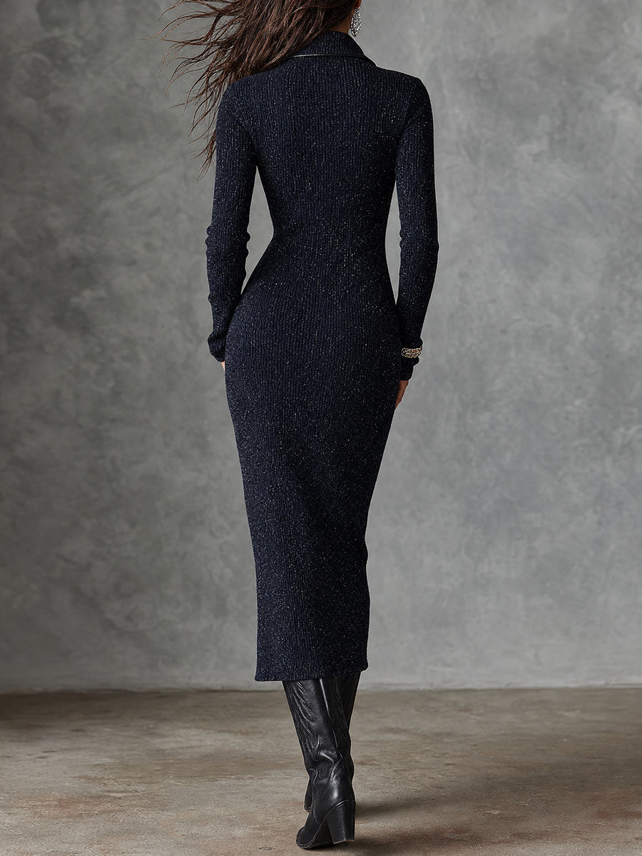 Retro Shiny Front Zipper Ribbed Knit Midi Dress Featuring Slit Hem