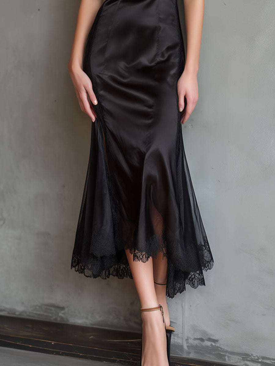 Black Satin & Sheer Short Sleeve Lace Gown Midi Dress