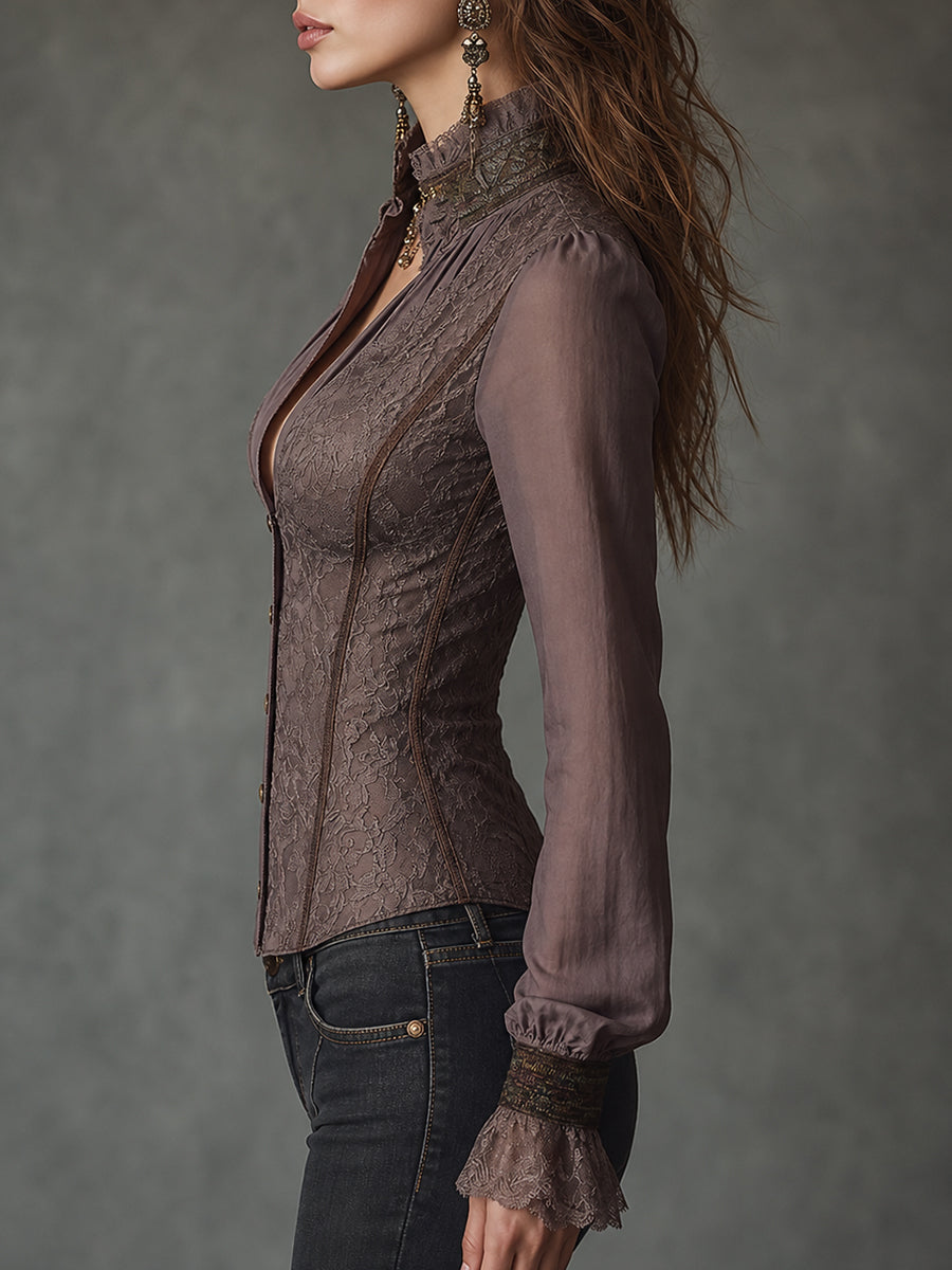 Boho-style Lace Panels Fitted Blouse With Flared Sleeves