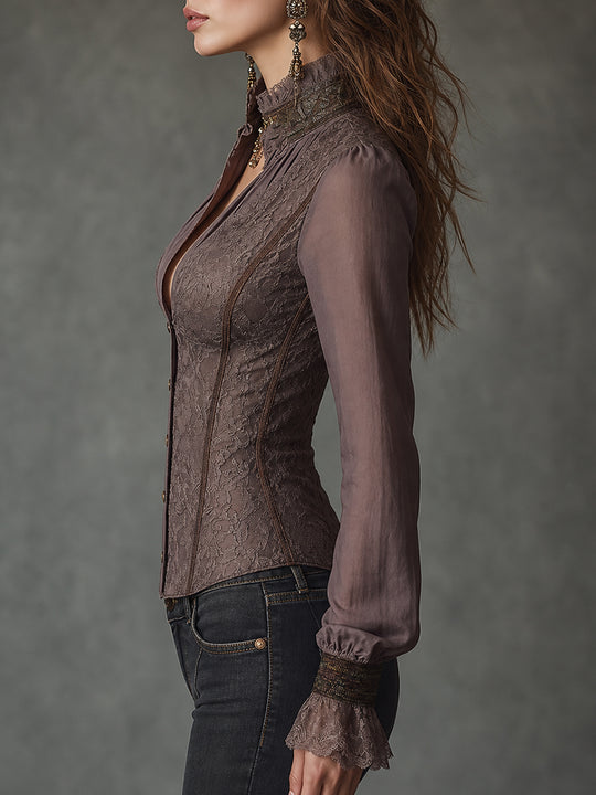 Boho-style Lace Panels Fitted Blouse With Flared Sleeves