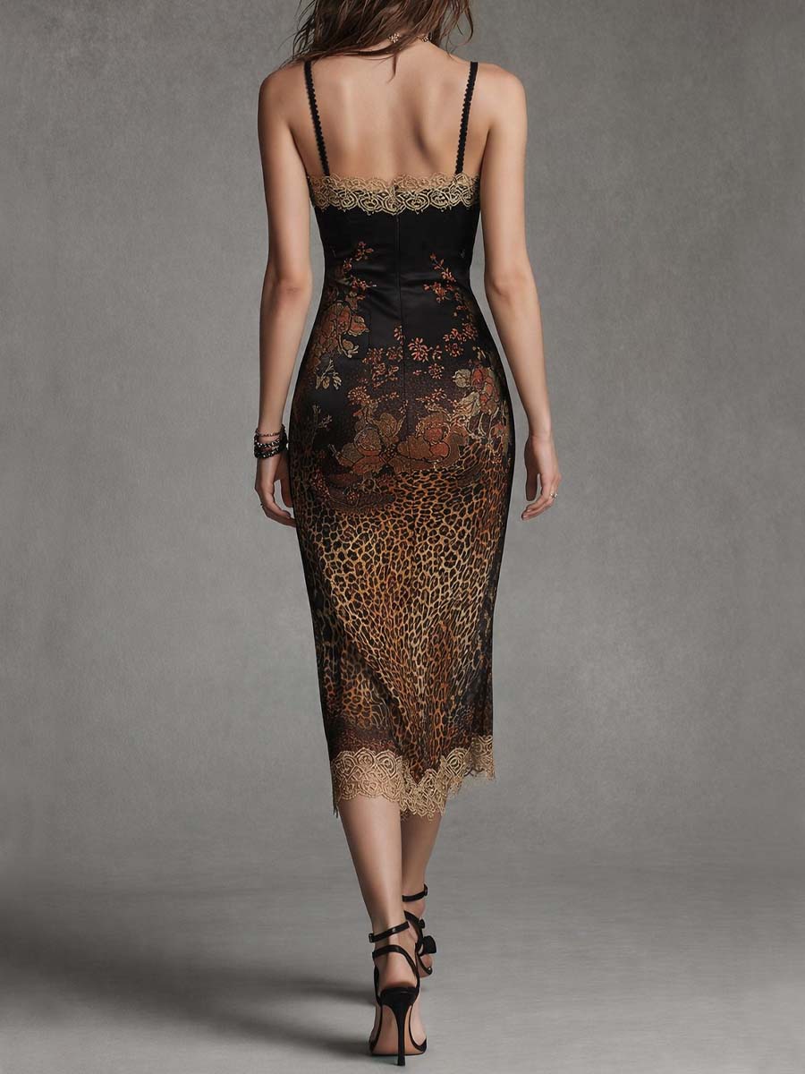 Vintage Glam Printed Satin Lace Trim Midi Dress