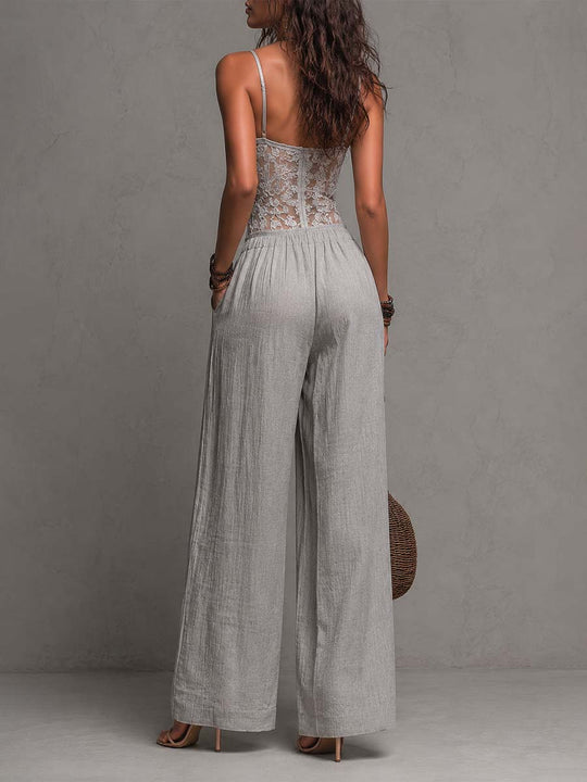 Bohemian Light Grey Lace And Crinkle Cotton Wide-Leg Jumpsuit