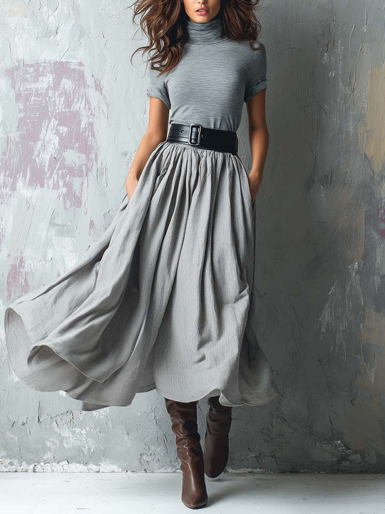 High-Neck Knit & Textured Skirt Spliced Maxi Dress