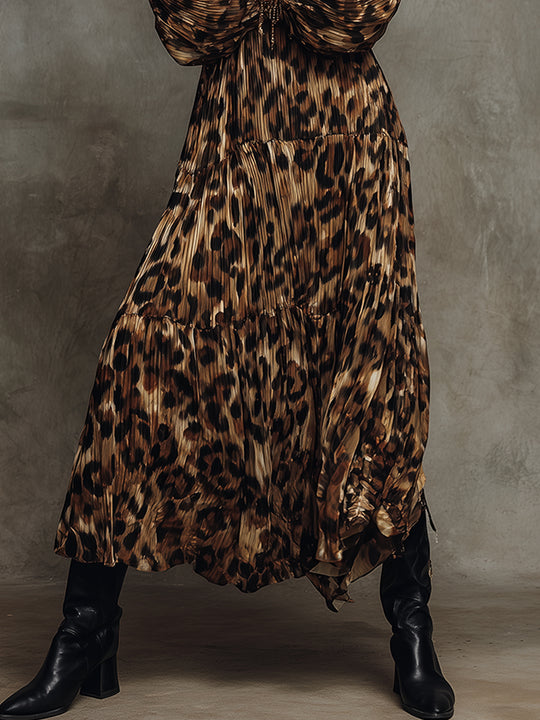Bohemian Leopard Print Pleated Lantern Sleeve Midi Dress