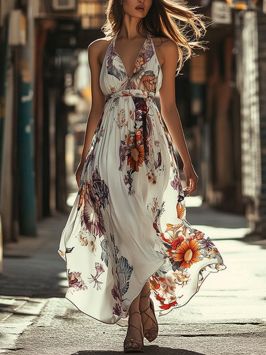 V-neck Off-shoulder Bohemian Floral Maxi Dress