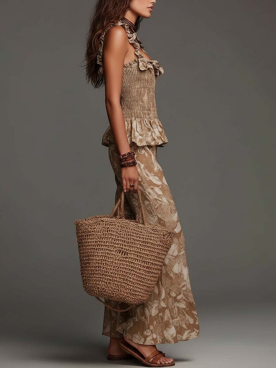 Bohemian Smocked Ruffle Camisole And Floral Flare Pants Set