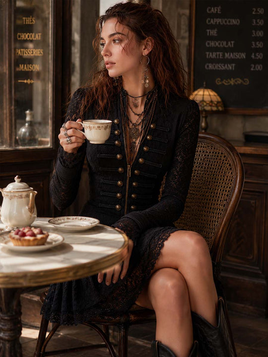 Vintage Military-style Double-breasted Lace Mini Dress