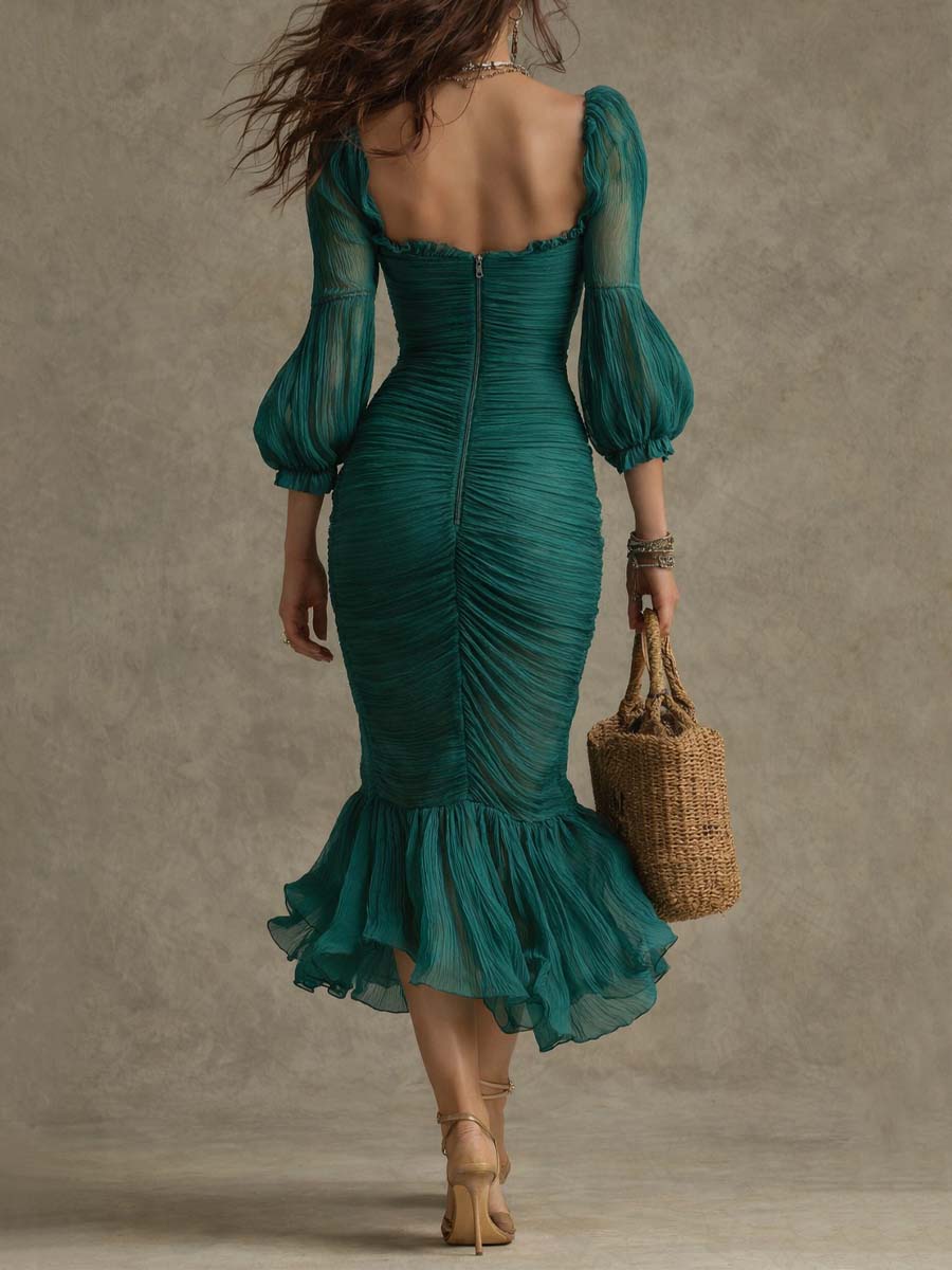 Boho Ruched Mermaid Midi Dress With Puff Sleeves