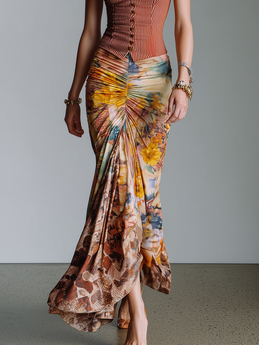 Striped Vest & Oil Painting Flower Gathered Fishtail Skirt Set