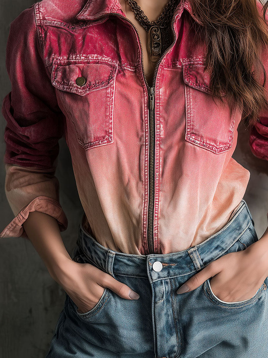 Western Faded Wash Ombre Red-to-Blush Denim Zip Jacket