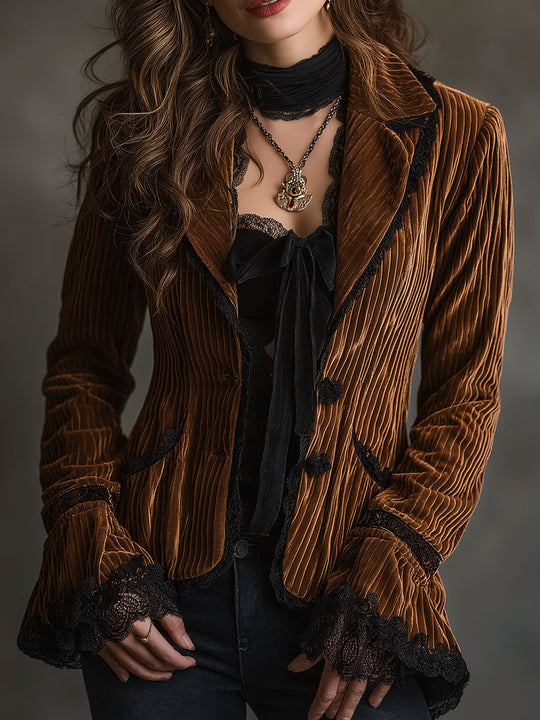 Vintage Luxe Amber Velvet Pleated Jacket With Black Lace Trim