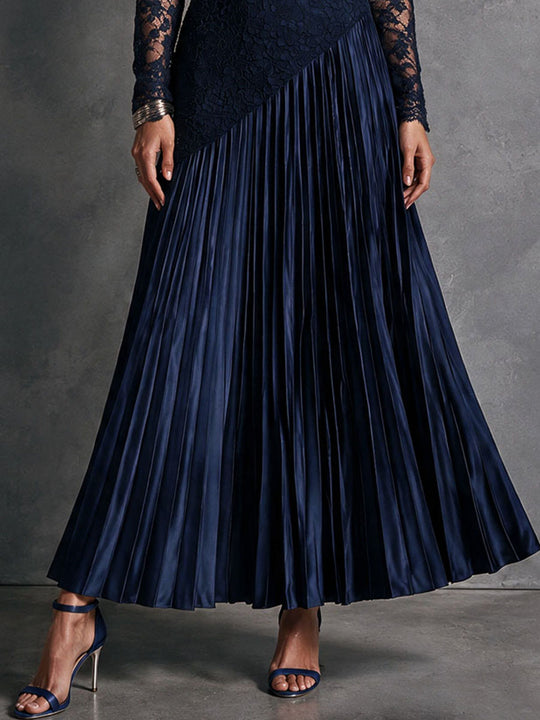 Elegant Mock Neck Lace Patchwork Pleated Satin Evening Maxi Dress