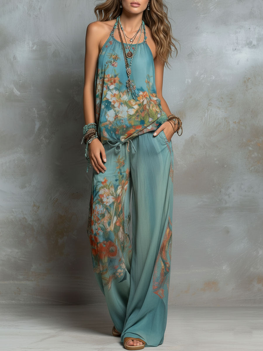Boho Ocean Bloom Floral  Halter Chiffon Two-Piece Set