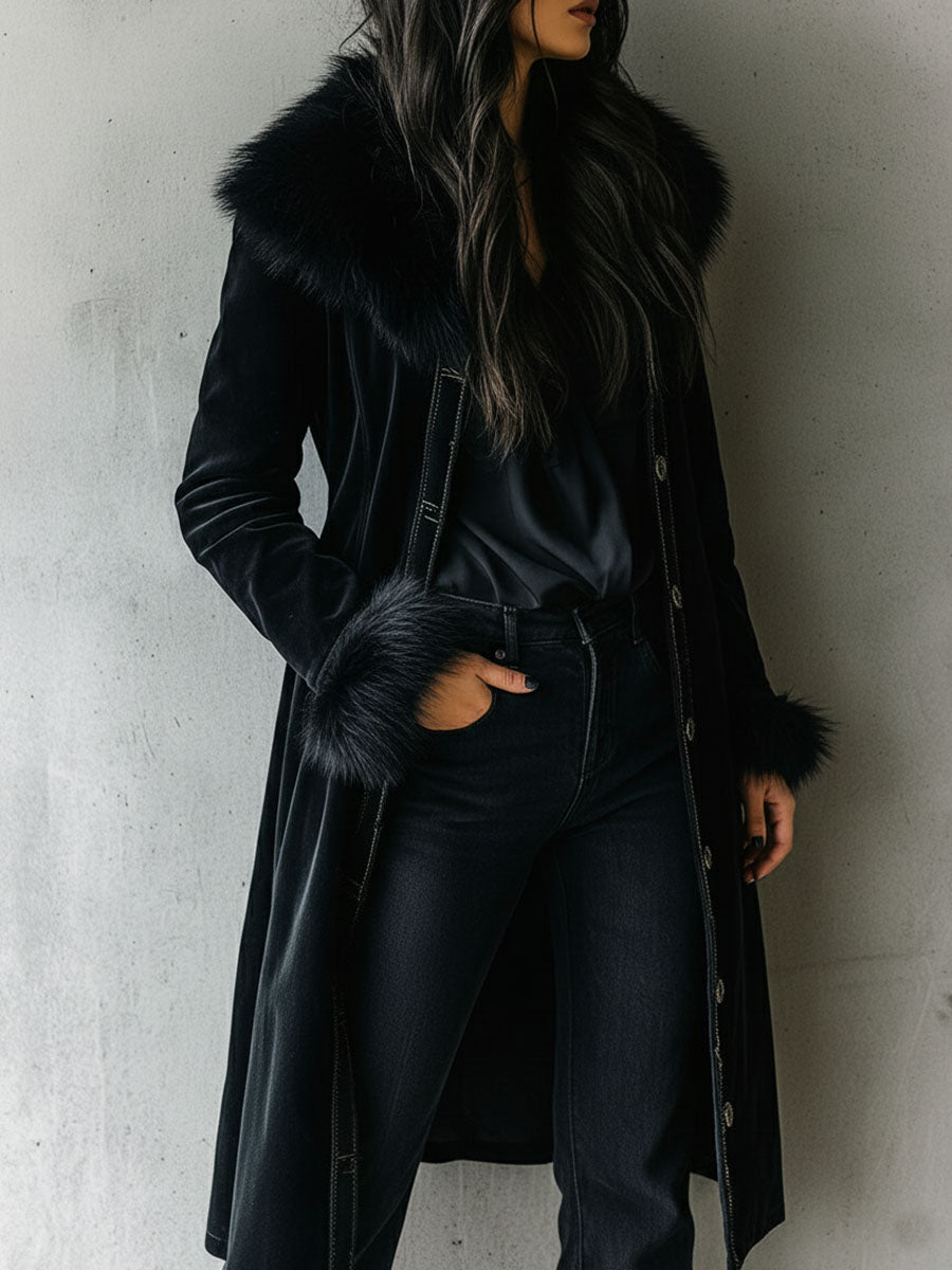 Elegant Tailoring Long Black Velvet Coat With Eco Fur Collar & Cuffs