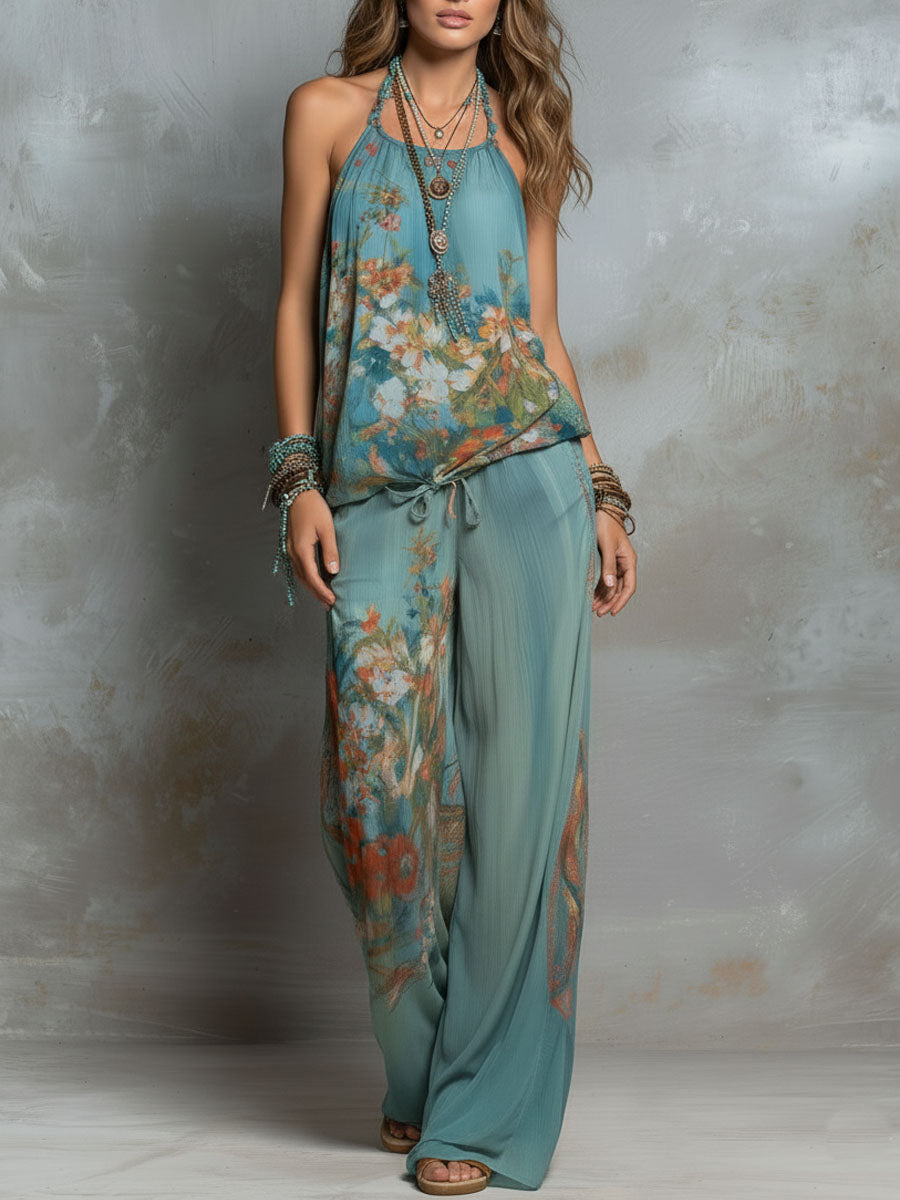 Boho Ocean Bloom Floral  Halter Chiffon Two-Piece Set