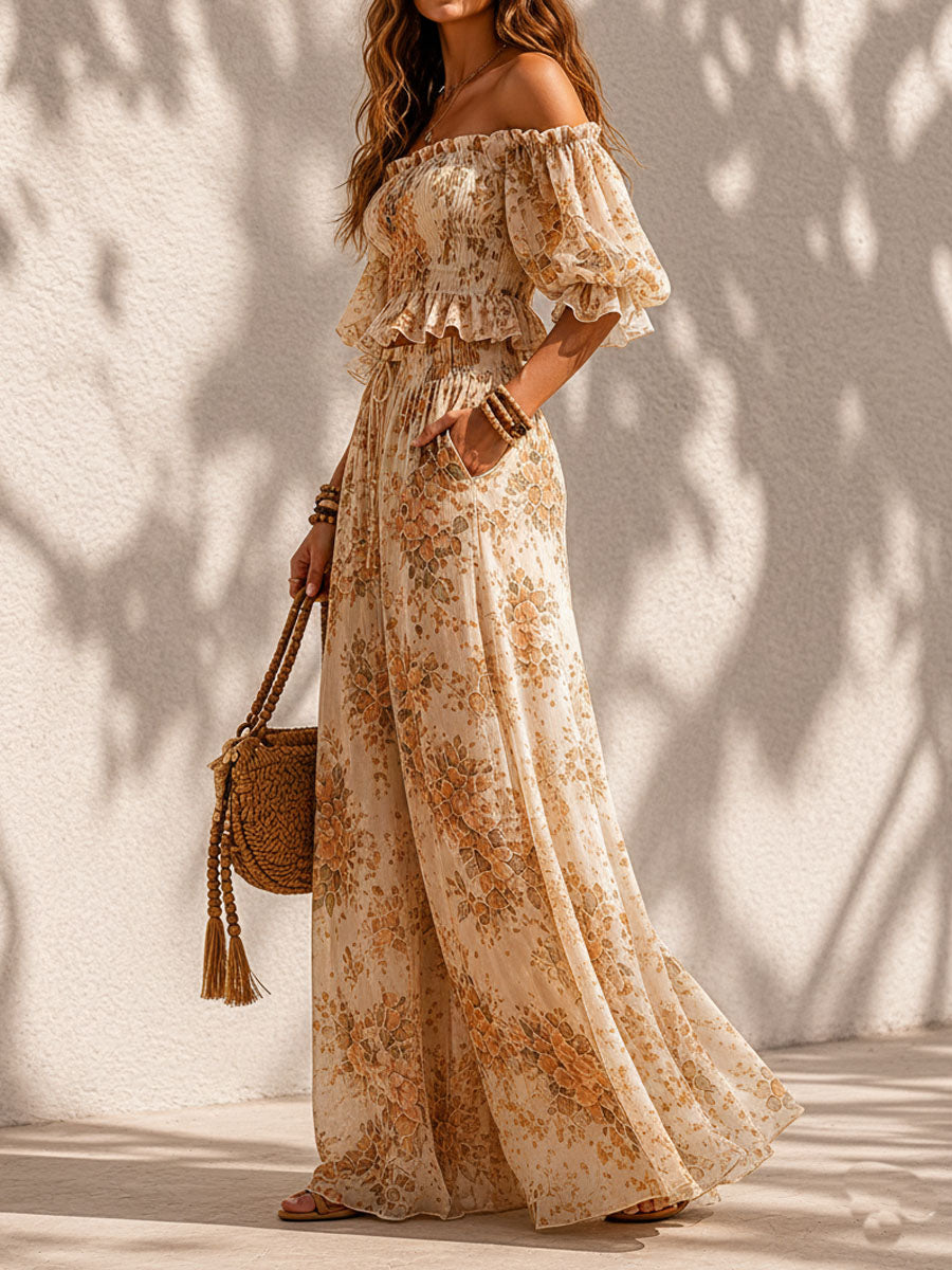 Boho Floral Off-Shoulder Smocked Top & Wide-Leg Pants Two-Piece Set